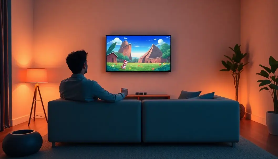 An adult seated comfortably in a minimalist living room watching an animated film on a modern screen.