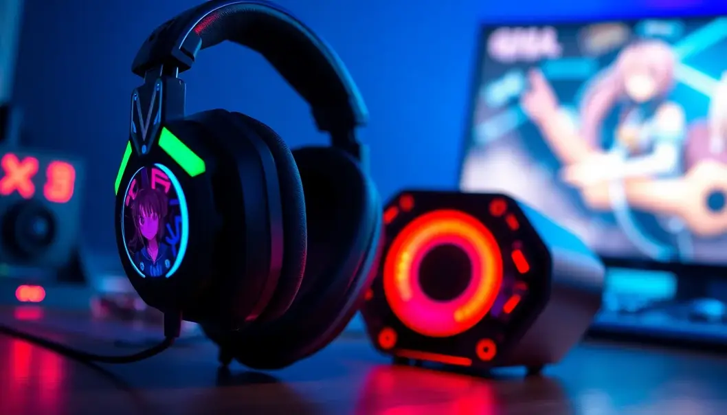 Anime-themed gaming setup with RGB peripherals and figures.