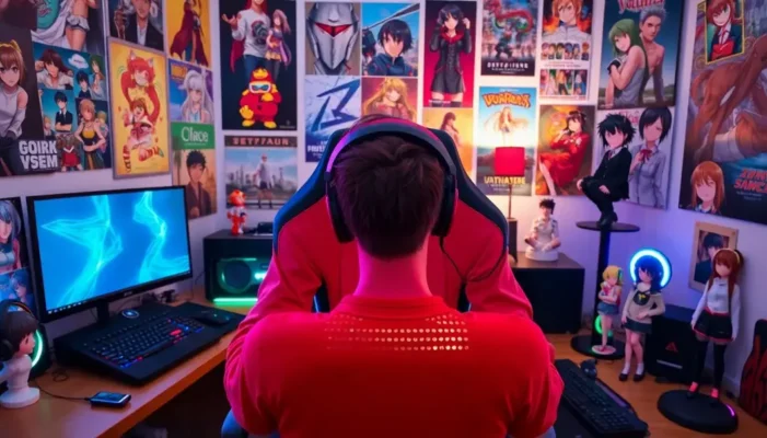 A gamer surrounded by anime-themed gadgets in a decorated room.