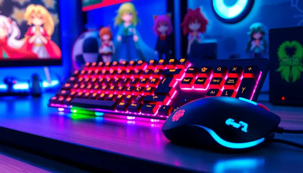 Anime-themed gaming setup with RGB peripherals and figures.
