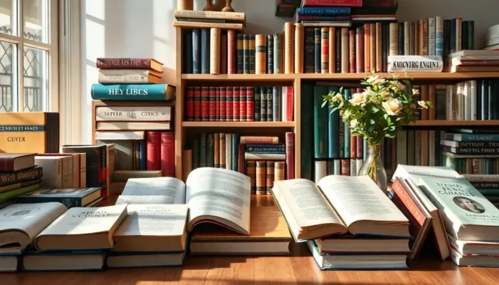 A collection of classic and modern books in a bright setting, symbolizing cultural literacy.