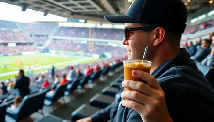 Fan in stadium seat sipping an espresso drink while watching a football game.