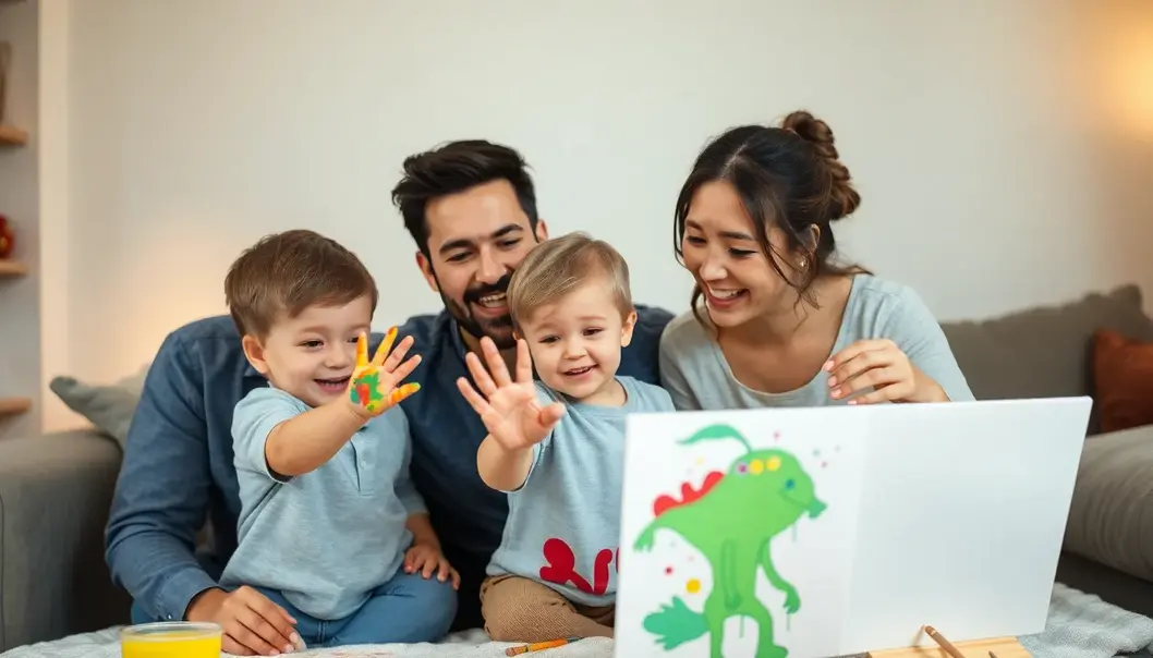 A newlywed couple delighting in fingerpainting with their toddler, creating art and memories.