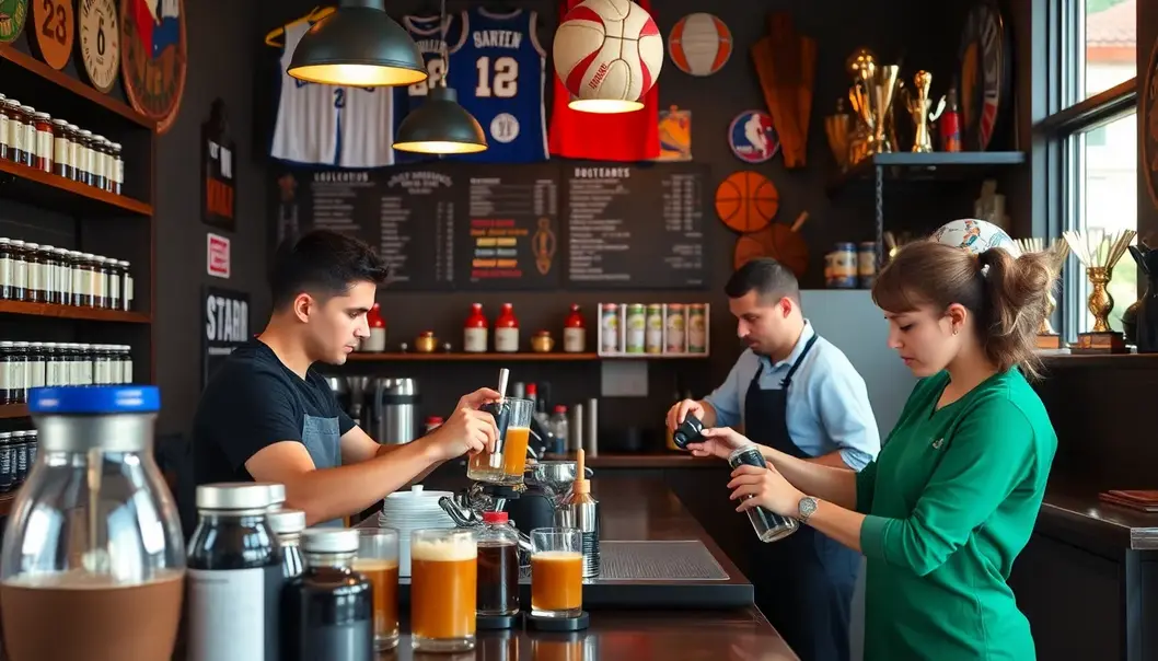 Baristas crafting exotic coffee blends with sports memorabilia in vibrant cafe setting.