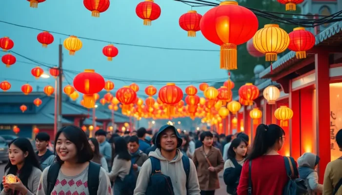 A diverse group of people celebrating Lunar New Year under colorful lanterns.