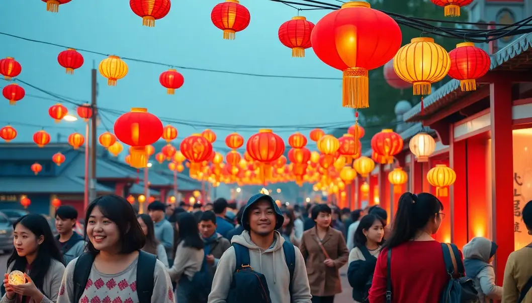 A diverse group of people celebrating Lunar New Year under colorful lanterns.