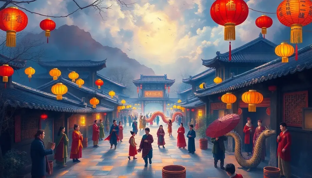Illustration of an ancient village celebrating the first Lunar New Year.