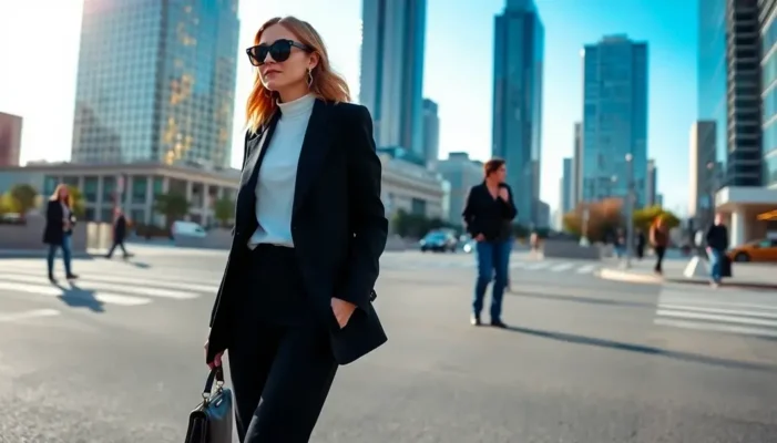 A petite woman wearing a sleek monochrome outfit on a city street.