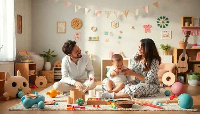 A joyful family playroom with a couple and toddler engaging in creative activities, full of love and imagination.
