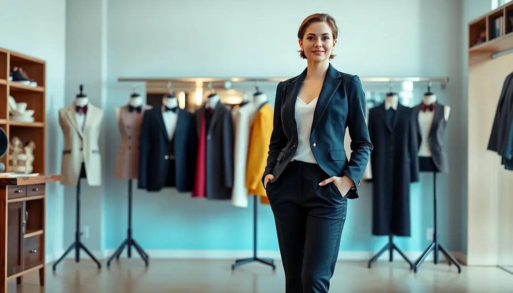 A petite woman in a tailored outfit exuding confidence.