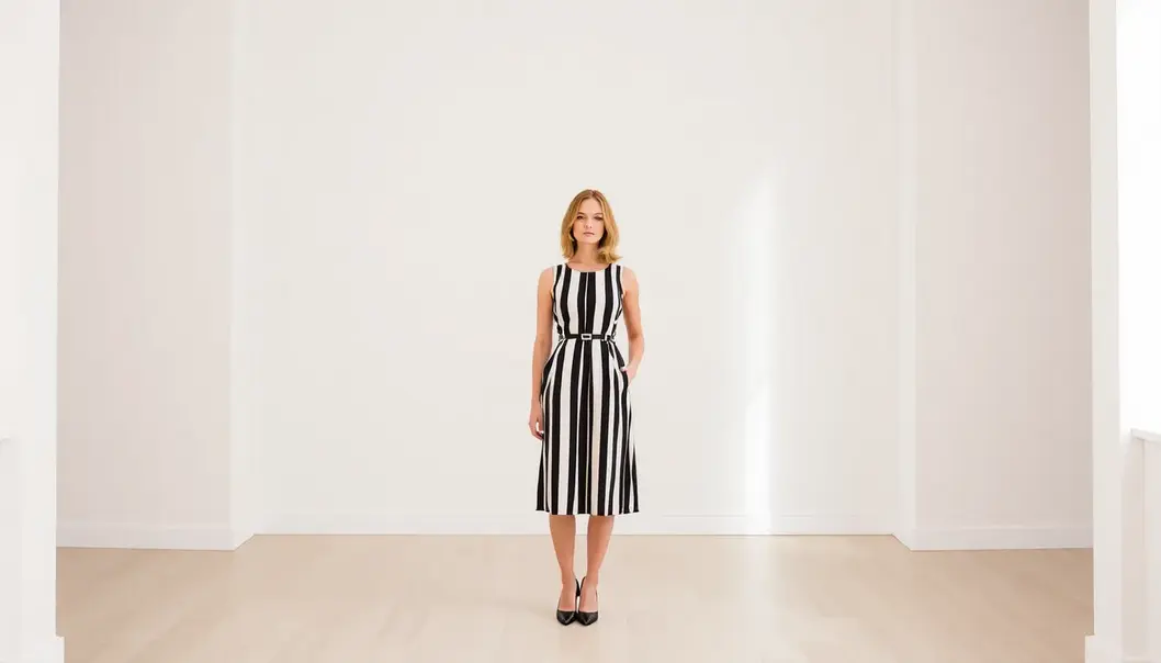 A petite woman in a tailored outfit exuding confidence.