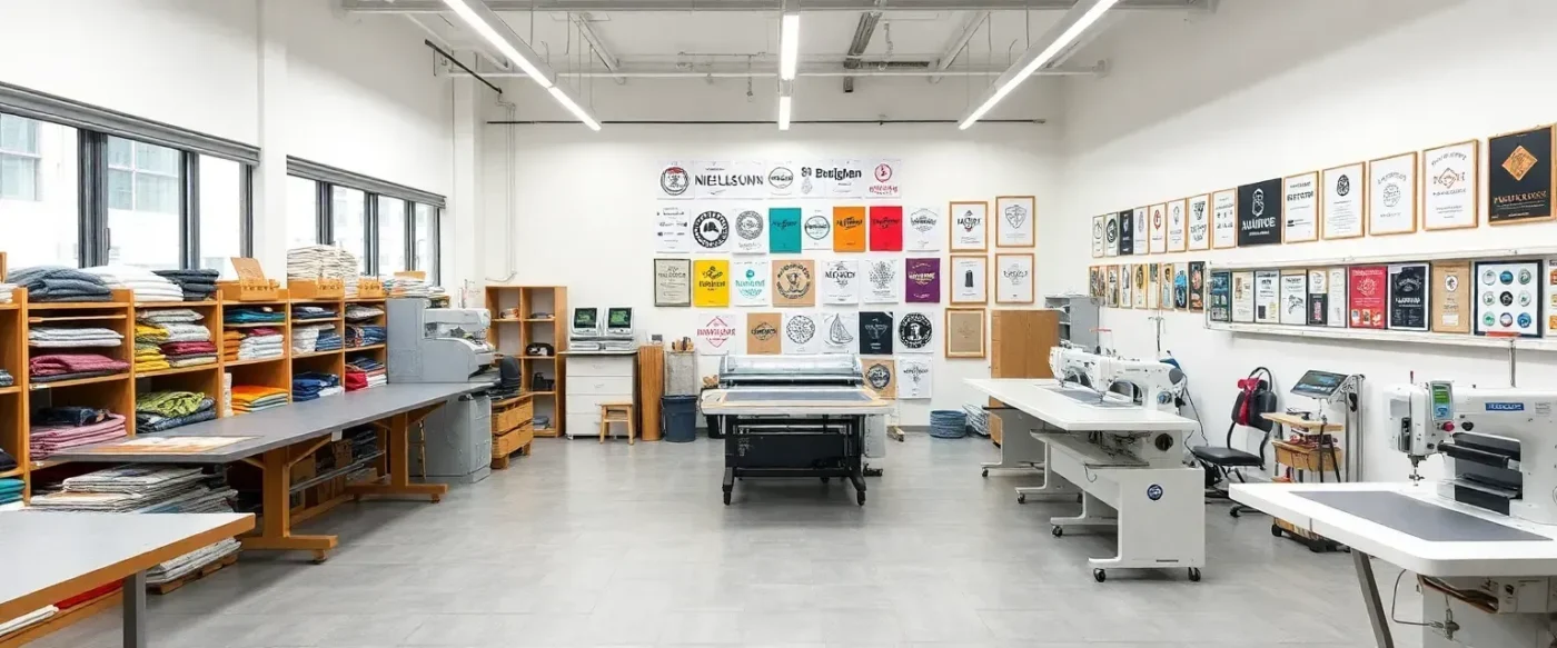 Soxybull production workshop with fabric shelves, printing machines, and sewing equipment – where meaningful fashion is created.